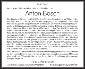 Anzeige von Anton Bösch von Schwäbische Zeitung