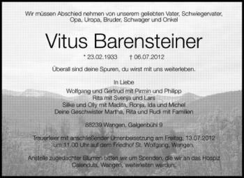 Anzeige von Vitus Barensteiner von Schwäbische Zeitung