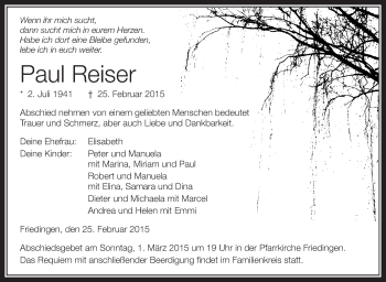 Anzeige von Paul Reiser von Schwäbische Zeitung