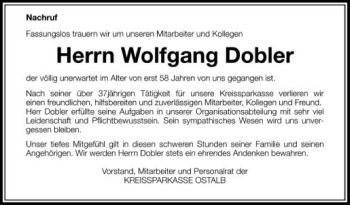 Anzeige von Wolfgang Dobler von Schwäbische Zeitung