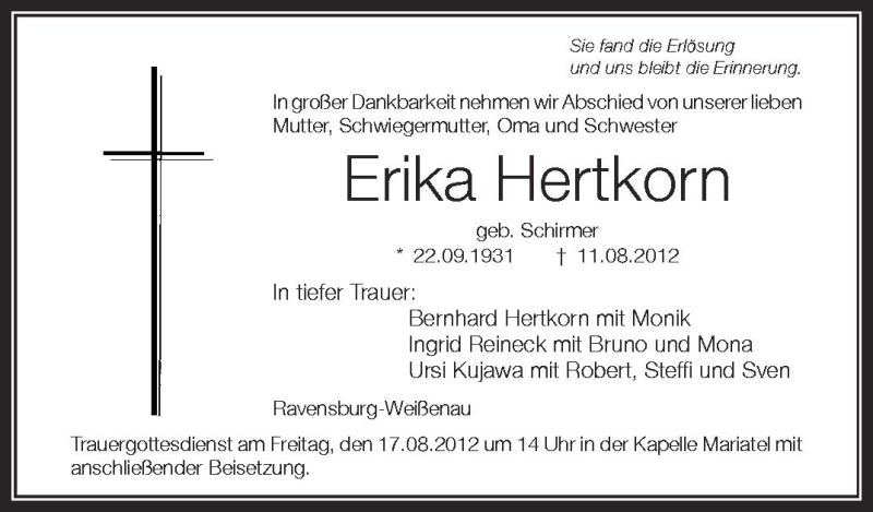  Traueranzeige für Erika Hertkorn vom 15.08.2012 aus Schwäbische Zeitung