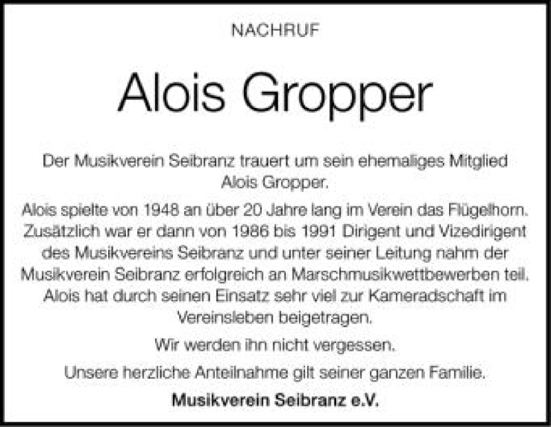  Traueranzeige für Alois Gropper vom 24.08.2012 aus Schwäbische Zeitung