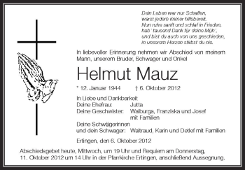 Anzeige von Helmut Mauz von Schwäbische Zeitung