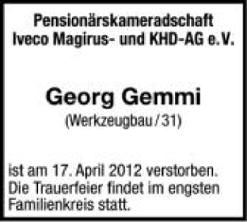Anzeige von Georg Gemmi von Schwäbische Zeitung