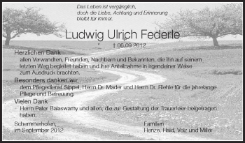 Anzeige von Ludwig Ulrich Federle von Schwäbische Zeitung