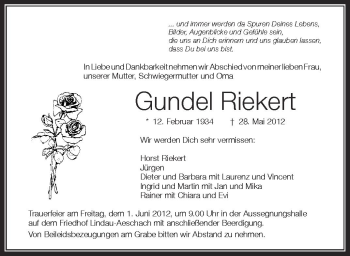 Anzeige von Gundel Riekert von Schwäbische Zeitung