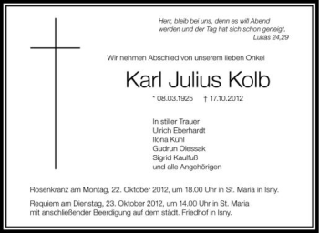 Anzeige von Karl Julius Kolb von Schwäbische Zeitung