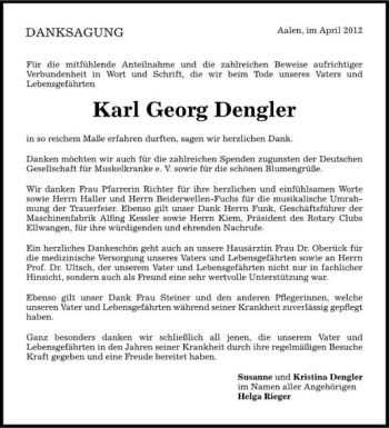 Anzeige von Karl Georg Dengler von Schwäbische Zeitung