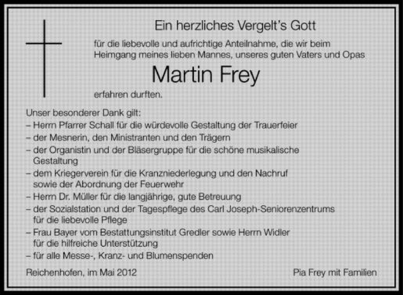  Traueranzeige für Martin Frey vom 18.05.2012 aus Schwäbische Zeitung