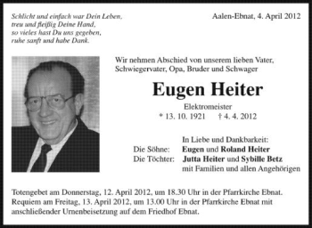 Anzeige von Eugen Heiter von Schwäbische Zeitung