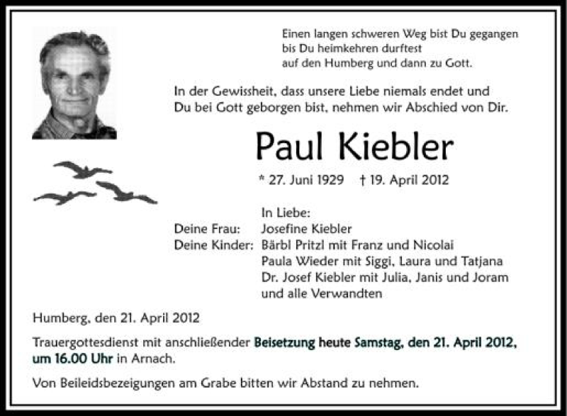  Traueranzeige für Paul Kiebler vom 21.04.2012 aus Schwäbische Zeitung