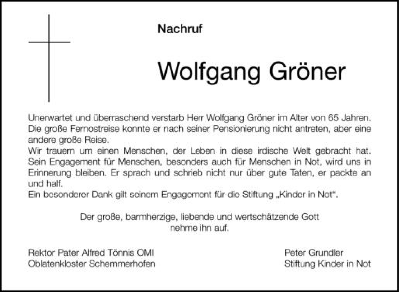  Traueranzeige für Wolfgang Gröner vom 14.02.2012 aus Schwäbische Zeitung