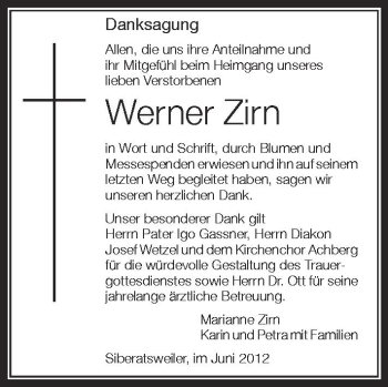 Anzeige von Werner Zirn von Schwäbische Zeitung