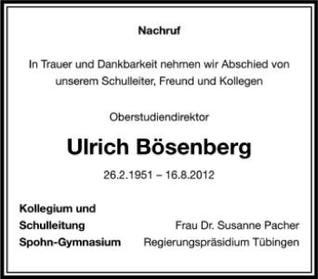 Anzeige von Ulrich Bösenberg von Schwäbische Zeitung