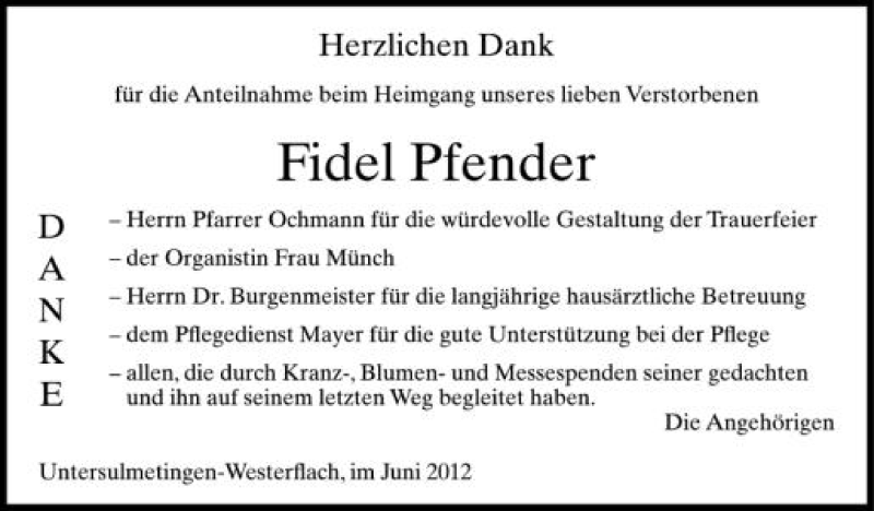  Traueranzeige für Fidel Pfender vom 21.06.2012 aus Schwäbische Zeitung
