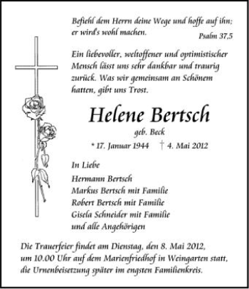 Anzeige von Helene Bertsch von Schwäbische Zeitung