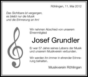 Anzeige von Josef Grundler von Schwäbische Zeitung