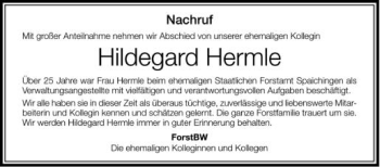 Anzeige von Hildegard Hermle von Schwäbische Zeitung