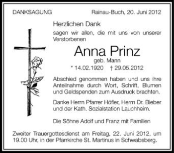Anzeige von Anna Prinz von Schwäbische Zeitung