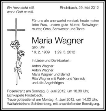Anzeige von Maria Wagner von Schwäbische Zeitung