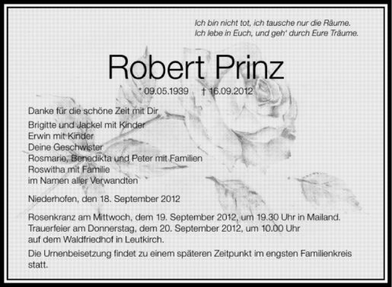  Traueranzeige für Robert Prinz vom 18.09.2012 aus Schwäbische Zeitung
