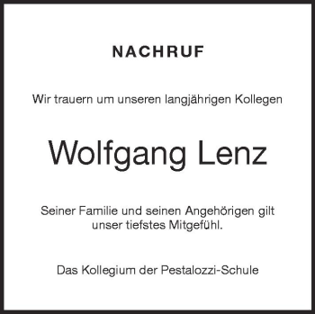 Anzeige von Wolfgang Lenz von Schwäbische Zeitung