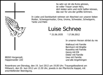 Anzeige von Luise Schnee von Schwäbische Zeitung