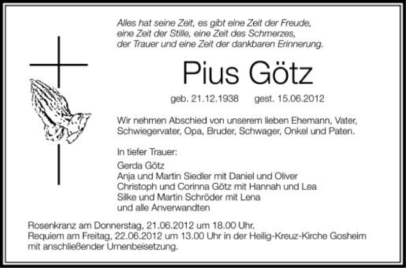  Traueranzeige für Pius Götz vom 20.06.2012 aus Schwäbische Zeitung