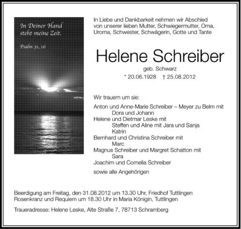  Traueranzeige für Helene Schreiber vom 28.08.2012 aus Schwäbische Zeitung