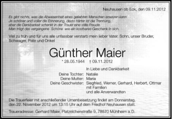 Anzeige von Günther Maier von Schwäbische Zeitung