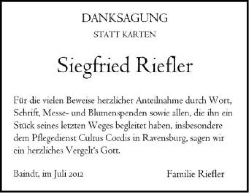  Traueranzeige für Siegfried Riefler vom 05.07.2012 aus Schwäbische Zeitung