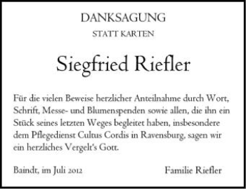 Anzeige von Siegfried Riefler von Schwäbische Zeitung