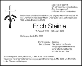 Anzeige von Erich Steinle von Schwäbische Zeitung