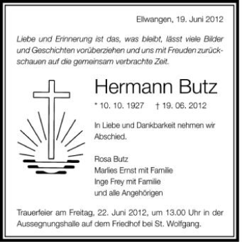 Anzeige von Hermann Butz von Schwäbische Zeitung