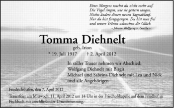 Anzeige von Tomma Diehnelt von Schwäbische Zeitung