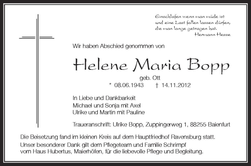  Traueranzeige für Helene Maria Bopp vom 20.11.2012 aus Schwäbische Zeitung