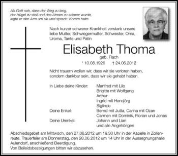 Anzeige von Elisabeth Thoma von Schwäbische Zeitung