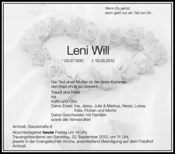 Anzeige von Leni Will von Schwäbische Zeitung