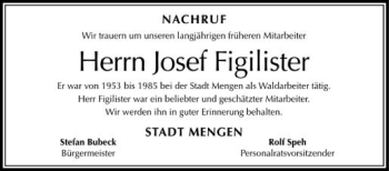 Anzeige von Josef Figilister von Schwäbische Zeitung
