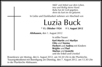 Anzeige von Luzia Buck von Schwäbische Zeitung