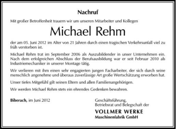 Anzeige von Michael Rehm von Schwäbische Zeitung