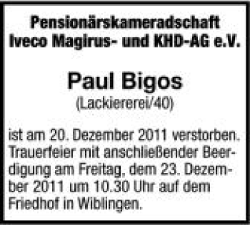 Anzeige von Paul Bigos von Schwäbische Zeitung