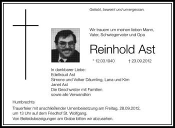 Anzeige von Reinhold Ast von Schwäbische Zeitung