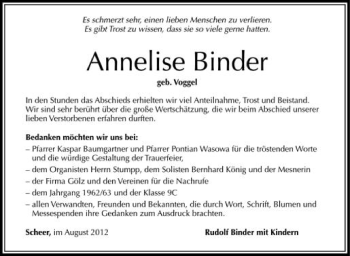 Anzeige von Annelise Binder von Schwäbische Zeitung