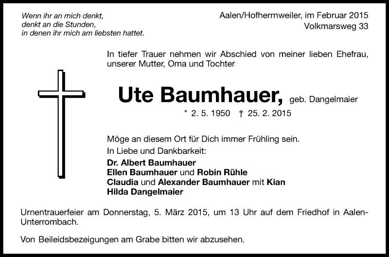  Traueranzeige für Ute Baumhauer vom 28.02.2015 aus Schwäbische Zeitung