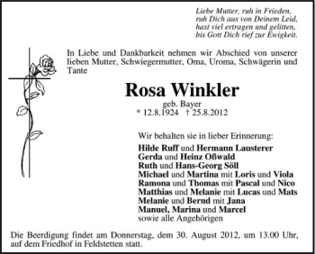 Anzeige von Rosa Winkler von Schwäbische Zeitung