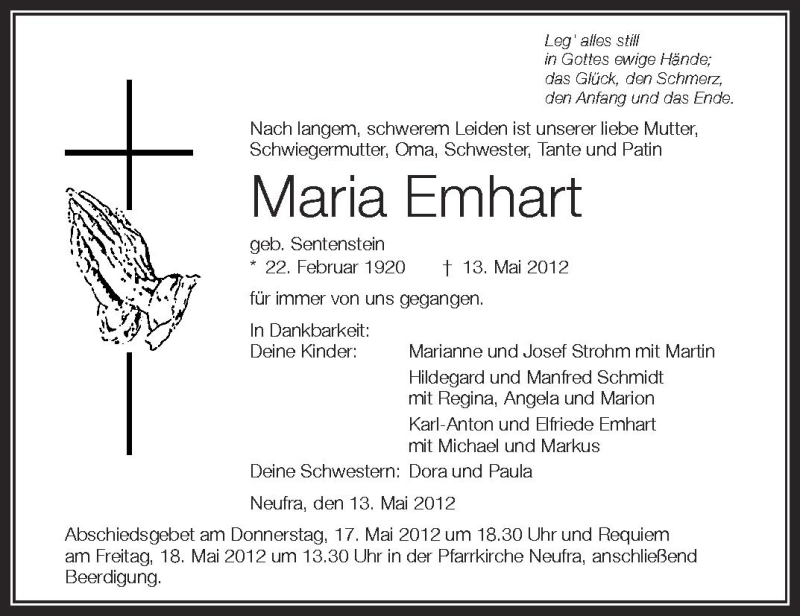  Traueranzeige für Maria Emhart vom 16.05.2012 aus Schwäbische Zeitung