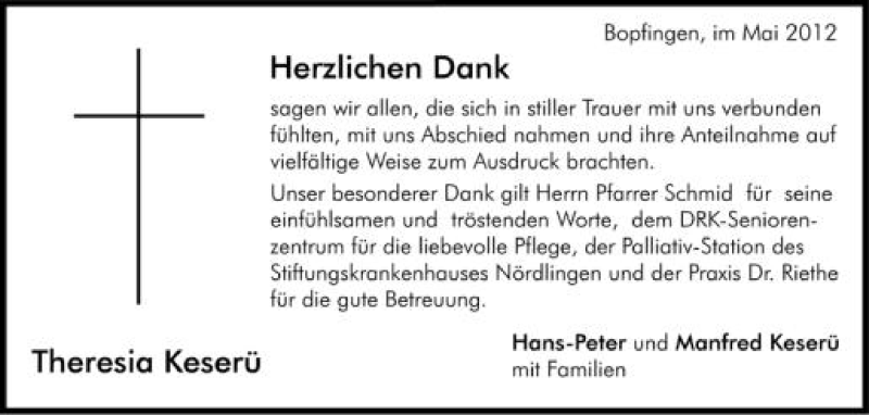  Traueranzeige für Theresia Keserü vom 26.05.2012 aus Schwäbische Zeitung
