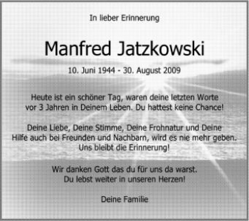 Anzeige von Manfred Jatzkowski von Schwäbische Zeitung