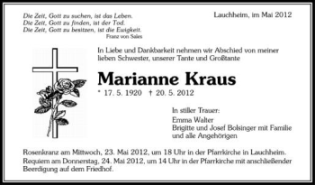 Anzeige von Marianne Kraus von Schwäbische Zeitung